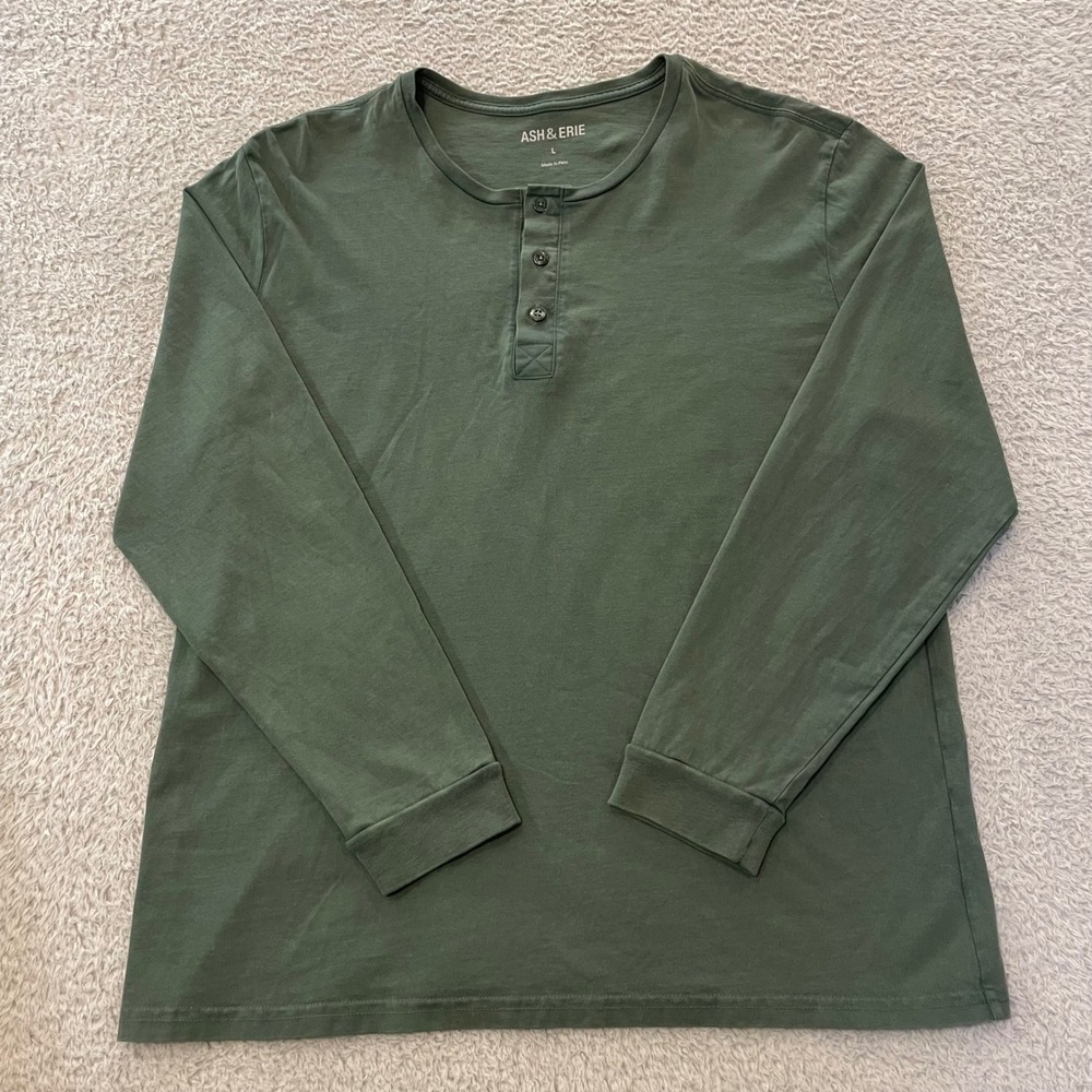 Ash & Erie Henley Shirt Mens Large Green Long Sleeve Cotton Solid Base Layer